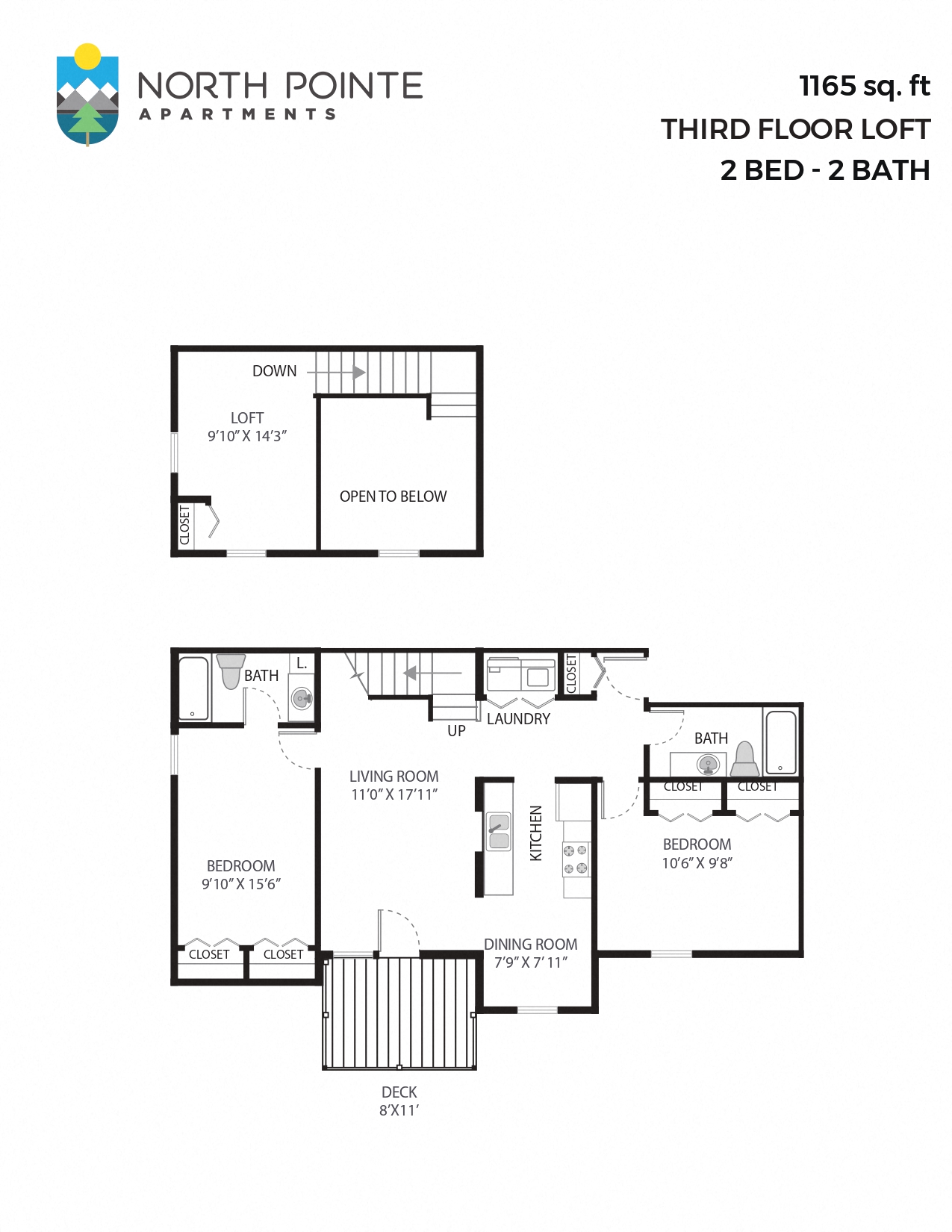 Floor plan for 2 beds, 2 baths, 1165 sqft